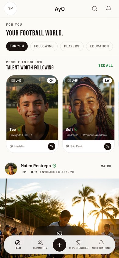 The AyO mobile experience showing an athlete's football journey